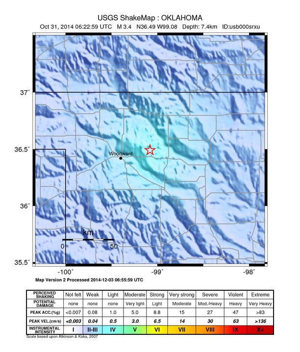 USGS ShakeMap: estimated shaking intensity around the epicenter