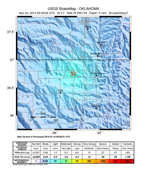 USGS ShakeMap: estimated shaking intensity around the epicenter