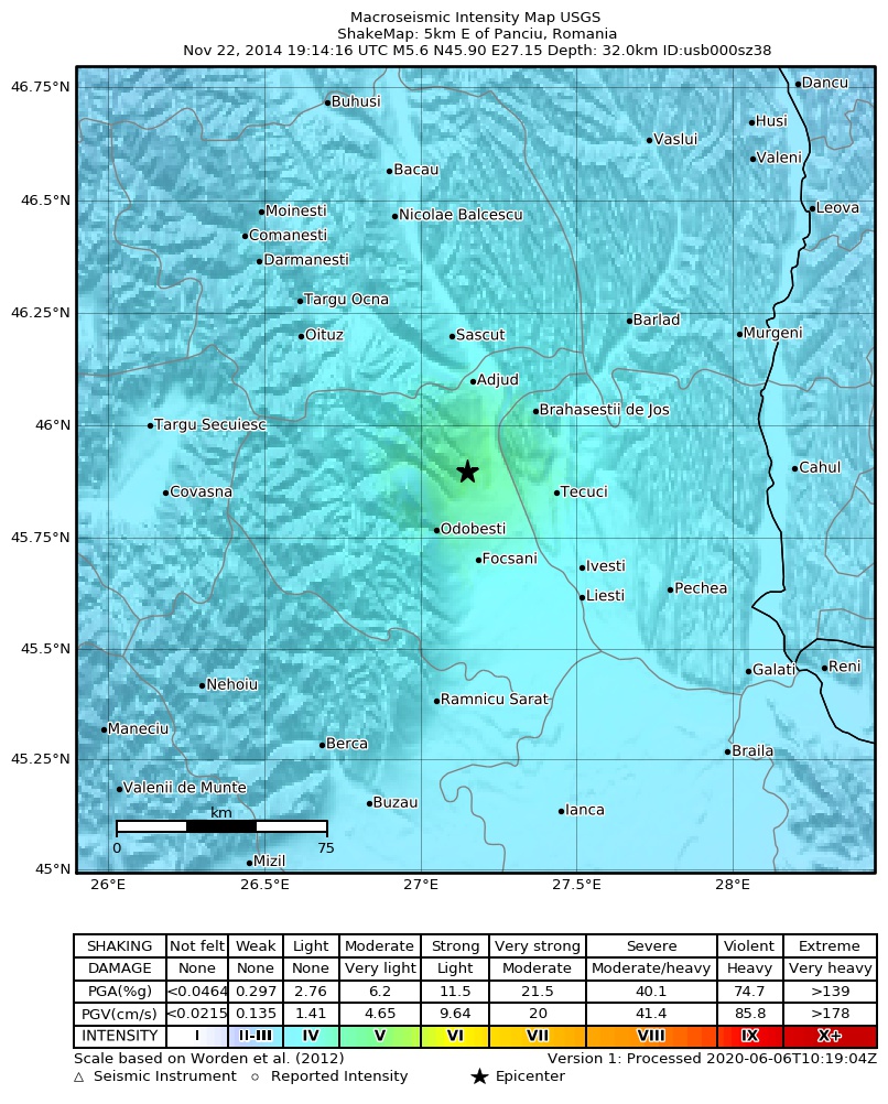 USGS ShakeMap: estimated shaking intensity around the epicenter