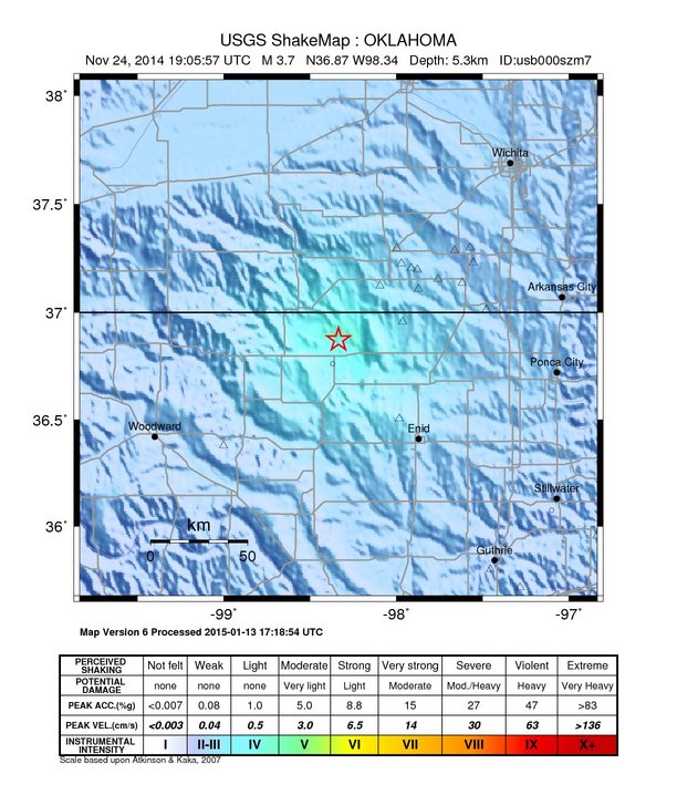 USGS ShakeMap: estimated shaking intensity around the epicenter