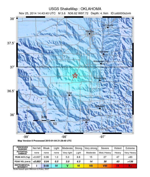 USGS ShakeMap: estimated shaking intensity around the epicenter