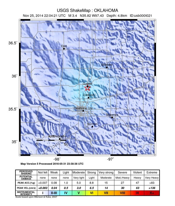 USGS ShakeMap: estimated shaking intensity around the epicenter