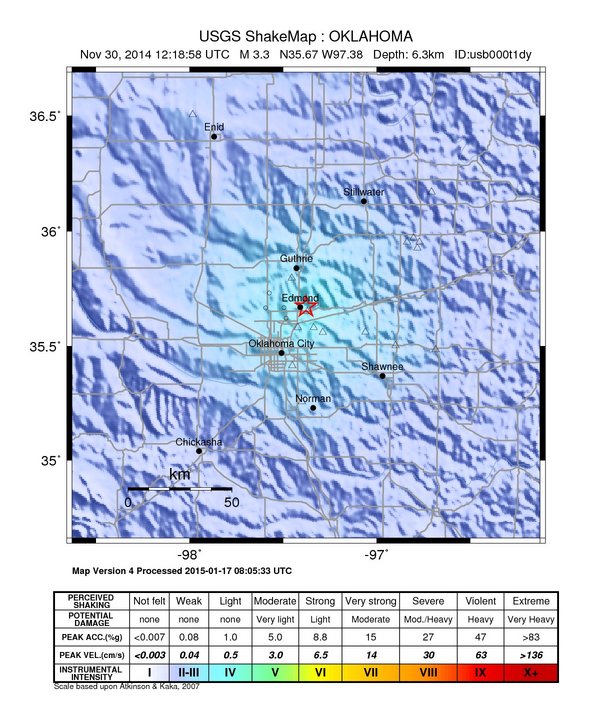 USGS ShakeMap: estimated shaking intensity around the epicenter