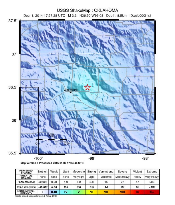 USGS ShakeMap: estimated shaking intensity around the epicenter