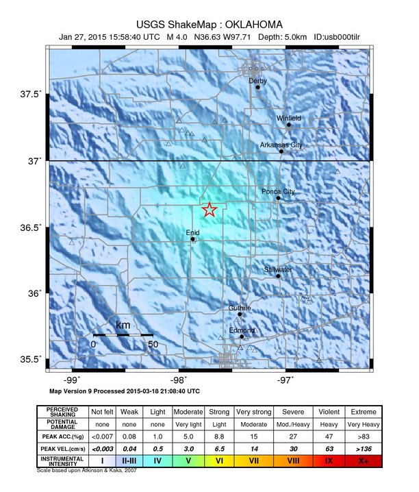 USGS ShakeMap: estimated shaking intensity around the epicenter