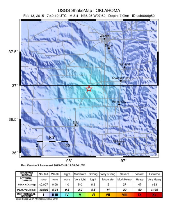USGS ShakeMap: estimated shaking intensity around the epicenter