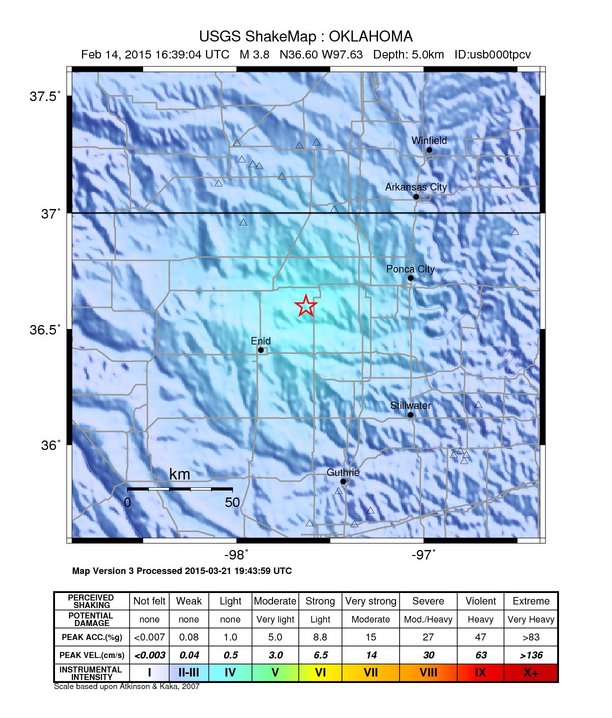 USGS ShakeMap: estimated shaking intensity around the epicenter