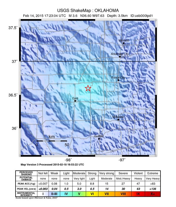 USGS ShakeMap: estimated shaking intensity around the epicenter