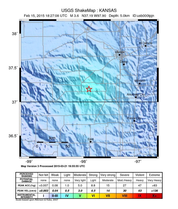 USGS ShakeMap: estimated shaking intensity around the epicenter