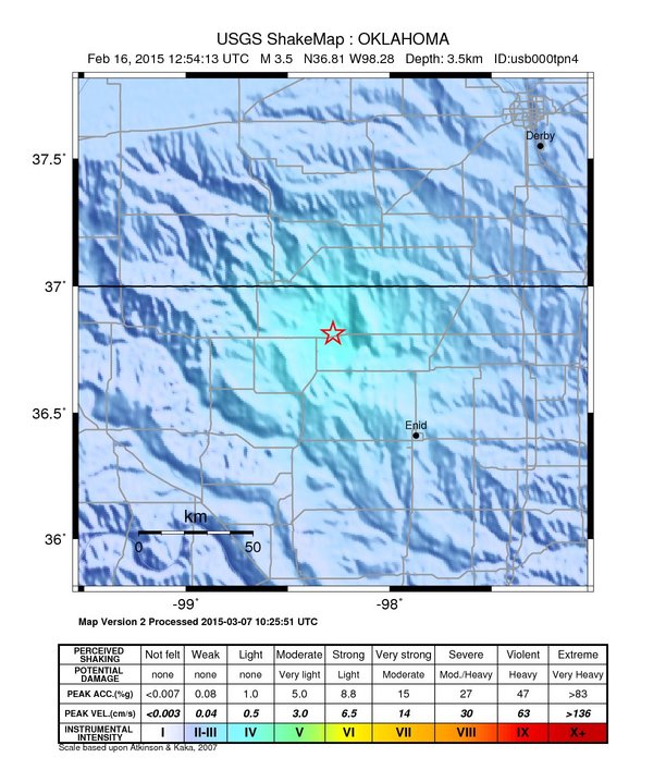 USGS ShakeMap: estimated shaking intensity around the epicenter