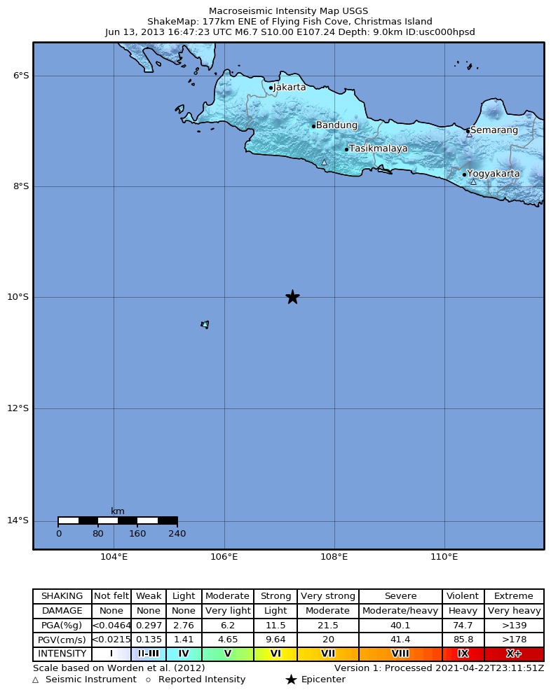USGS ShakeMap: estimated shaking intensity around the epicenter