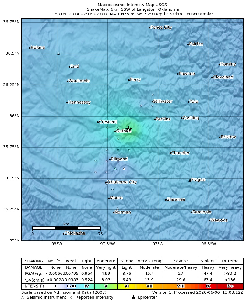 USGS ShakeMap: estimated shaking intensity around the epicenter