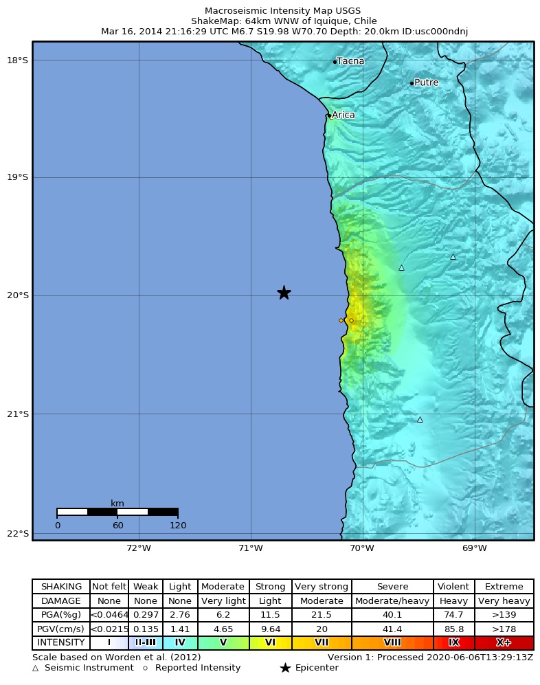 USGS ShakeMap: estimated shaking intensity around the epicenter