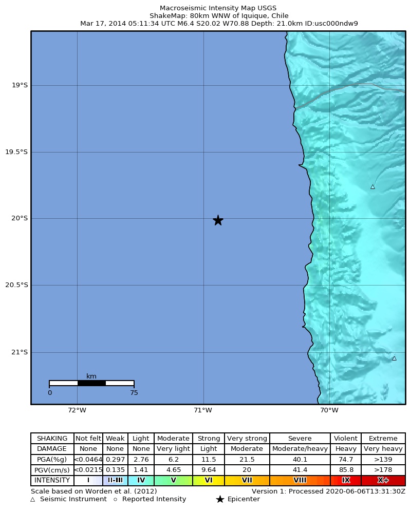 USGS ShakeMap: estimated shaking intensity around the epicenter
