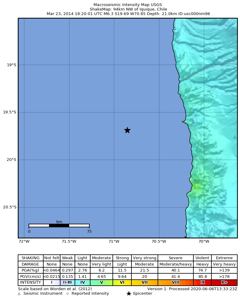 USGS ShakeMap: estimated shaking intensity around the epicenter