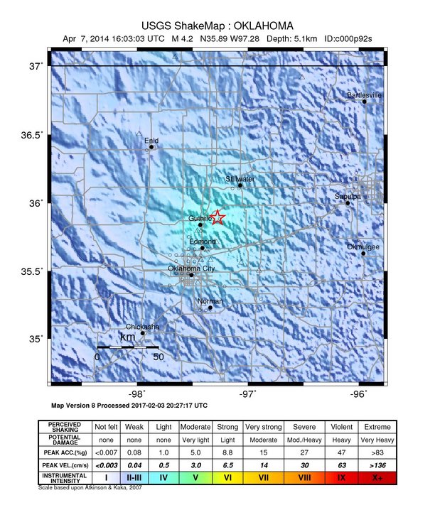 USGS ShakeMap: estimated shaking intensity around the epicenter