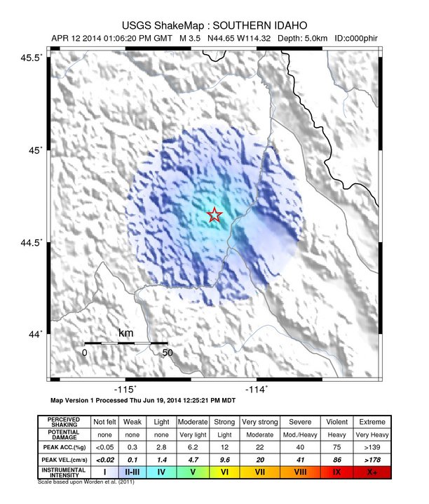 USGS ShakeMap: estimated shaking intensity around the epicenter