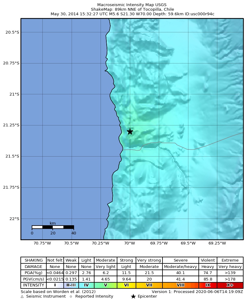 USGS ShakeMap: estimated shaking intensity around the epicenter