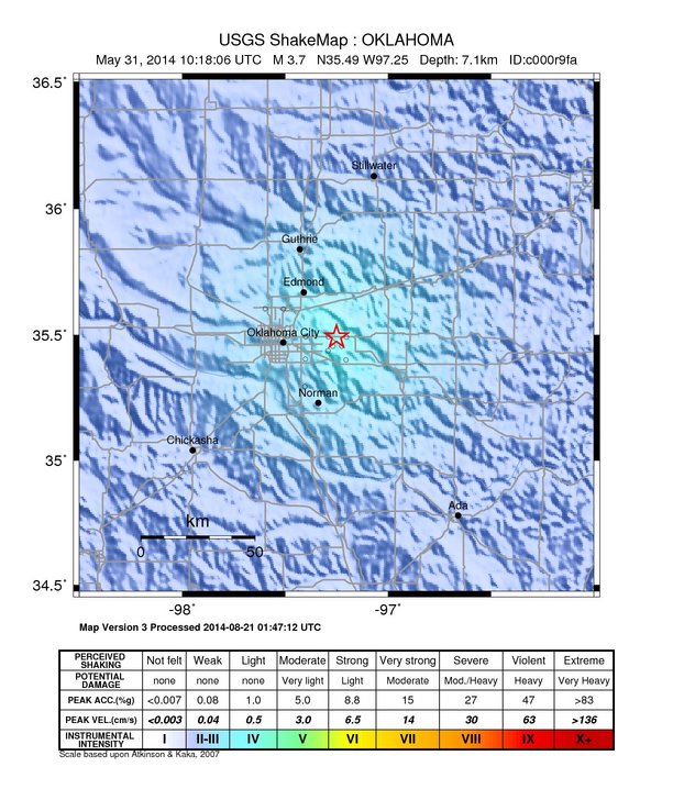 USGS ShakeMap: estimated shaking intensity around the epicenter