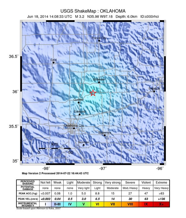 USGS ShakeMap: estimated shaking intensity around the epicenter
