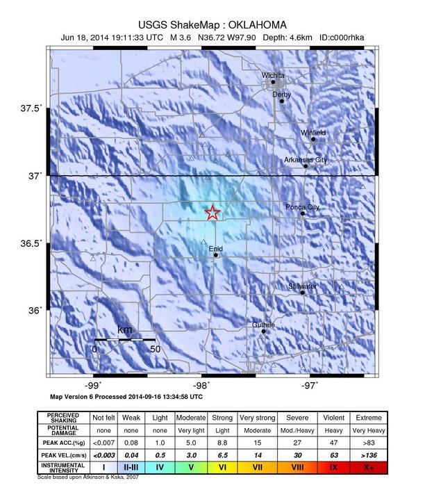 USGS ShakeMap: estimated shaking intensity around the epicenter