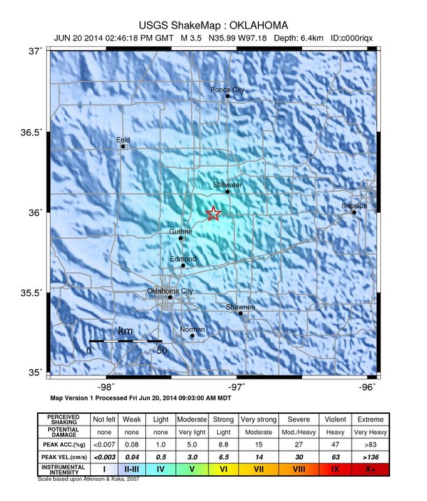 USGS ShakeMap: estimated shaking intensity around the epicenter