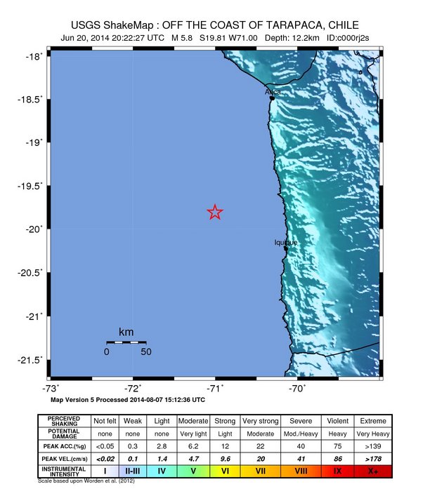 USGS ShakeMap: estimated shaking intensity around the epicenter