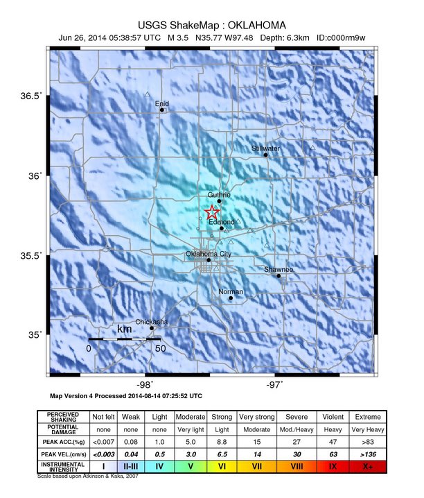 USGS ShakeMap: estimated shaking intensity around the epicenter