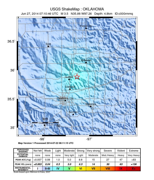USGS ShakeMap: estimated shaking intensity around the epicenter