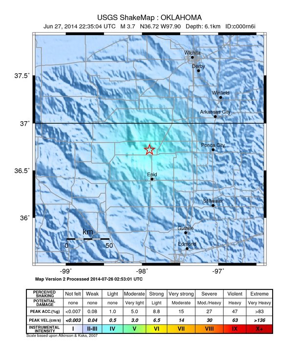USGS ShakeMap: estimated shaking intensity around the epicenter