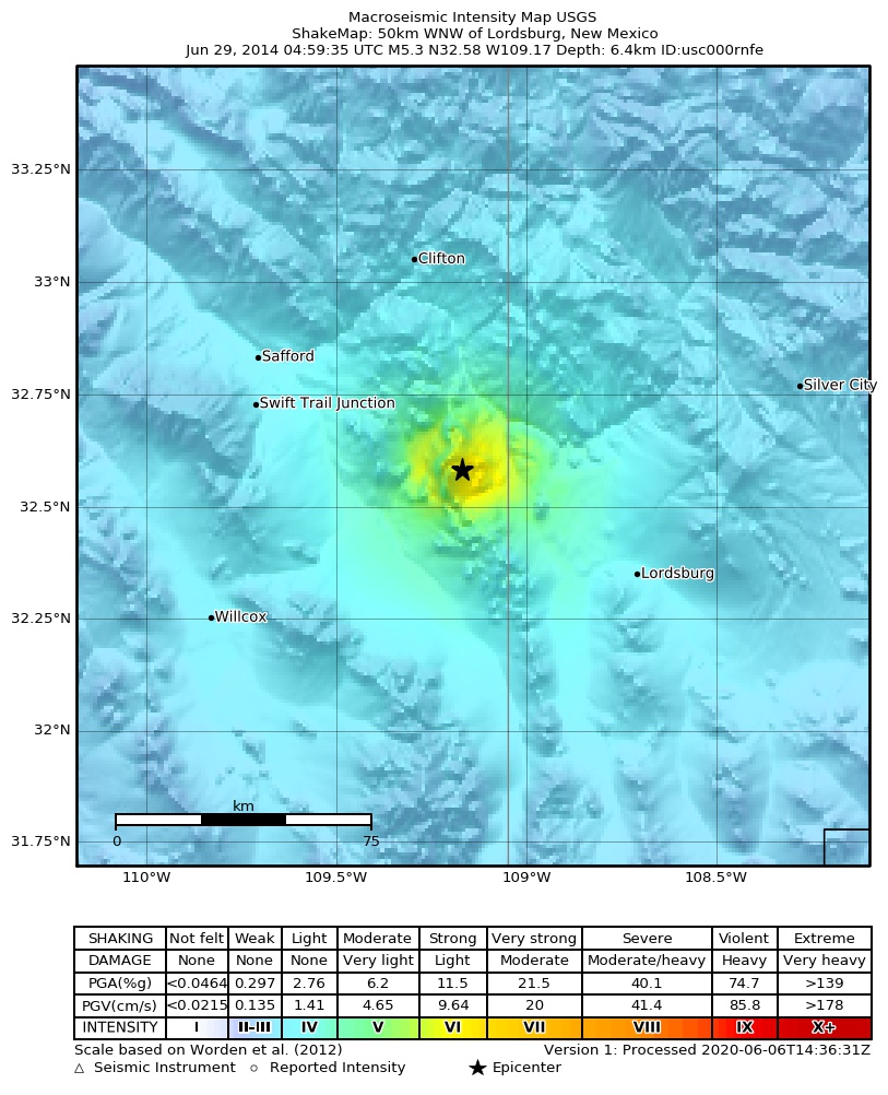 USGS ShakeMap: estimated shaking intensity around the epicenter