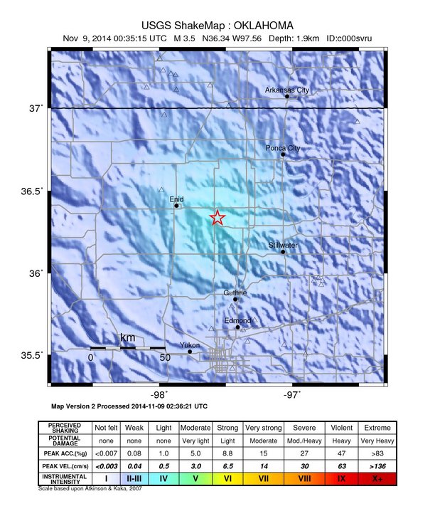 USGS ShakeMap: estimated shaking intensity around the epicenter