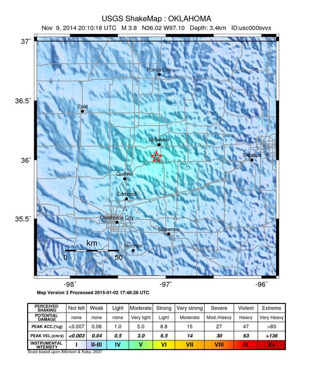 USGS ShakeMap: estimated shaking intensity around the epicenter