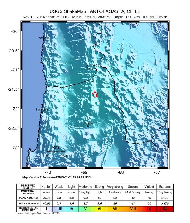 USGS ShakeMap: estimated shaking intensity around the epicenter