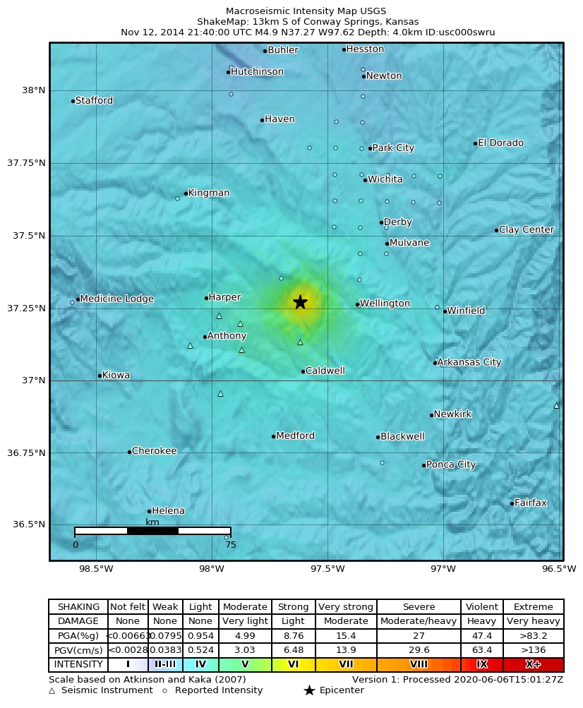 USGS ShakeMap: estimated shaking intensity around the epicenter