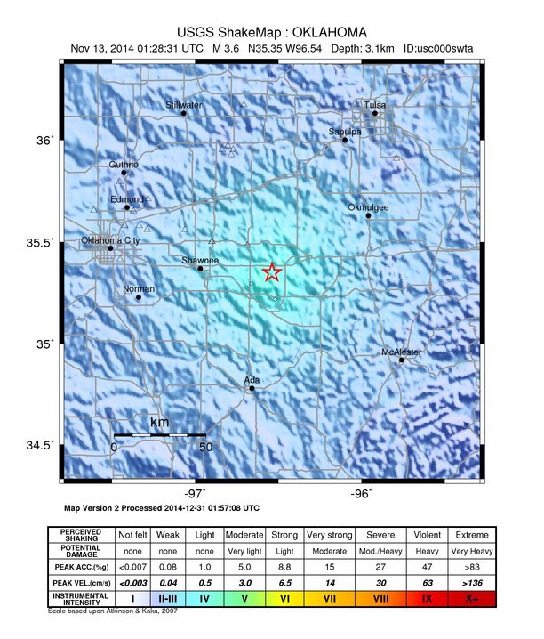 USGS ShakeMap: estimated shaking intensity around the epicenter