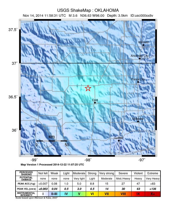 USGS ShakeMap: estimated shaking intensity around the epicenter