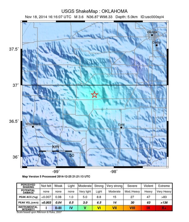 USGS ShakeMap: estimated shaking intensity around the epicenter