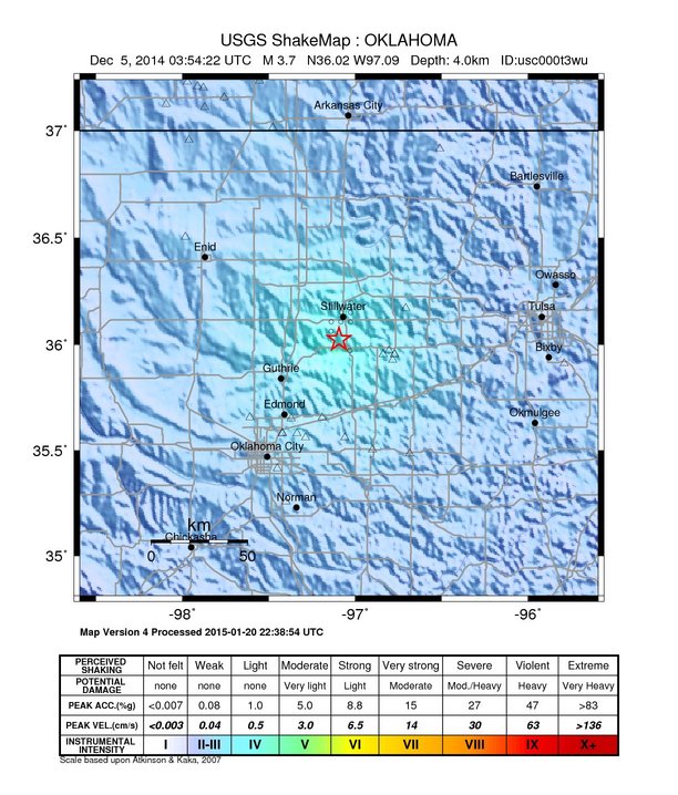 USGS ShakeMap: estimated shaking intensity around the epicenter