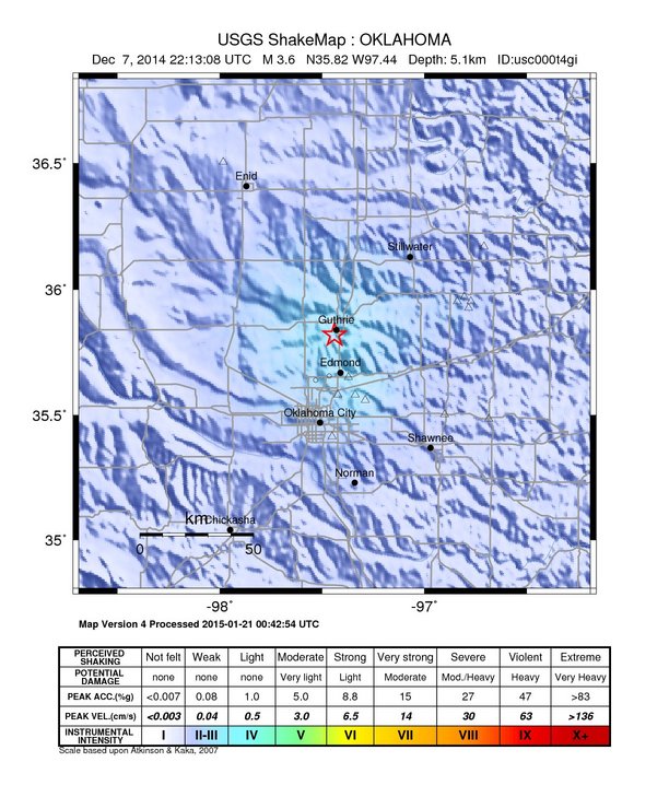 USGS ShakeMap: estimated shaking intensity around the epicenter