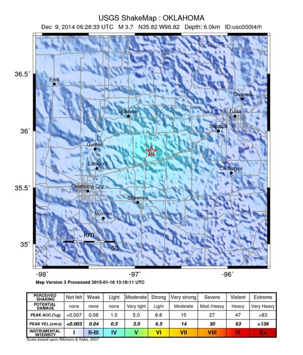USGS ShakeMap: estimated shaking intensity around the epicenter
