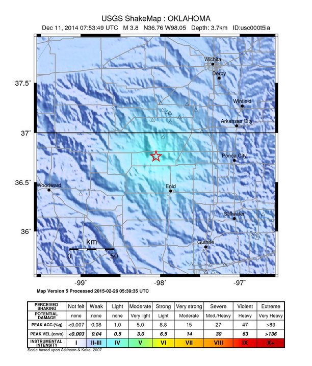 USGS ShakeMap: estimated shaking intensity around the epicenter