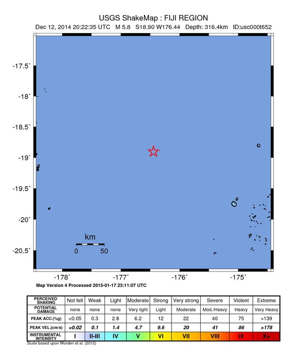 USGS ShakeMap: estimated shaking intensity around the epicenter