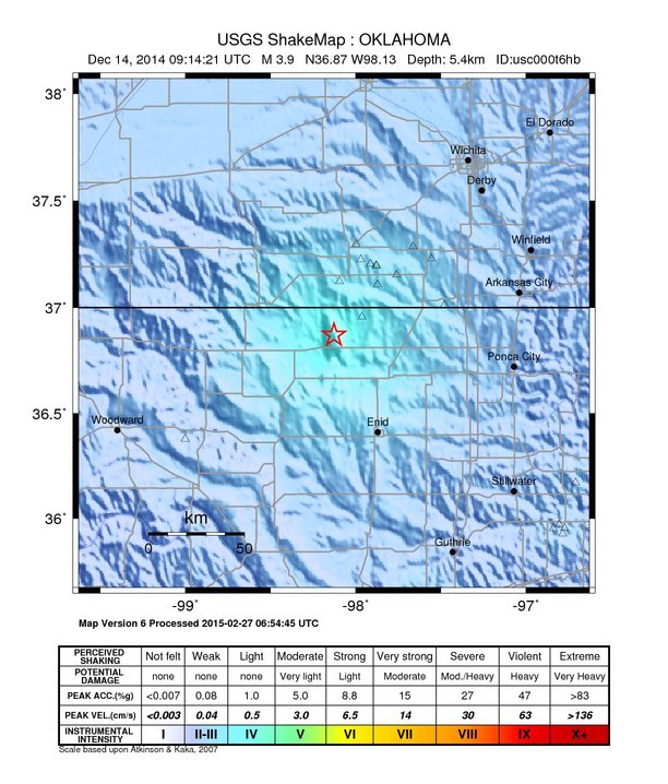 USGS ShakeMap: estimated shaking intensity around the epicenter