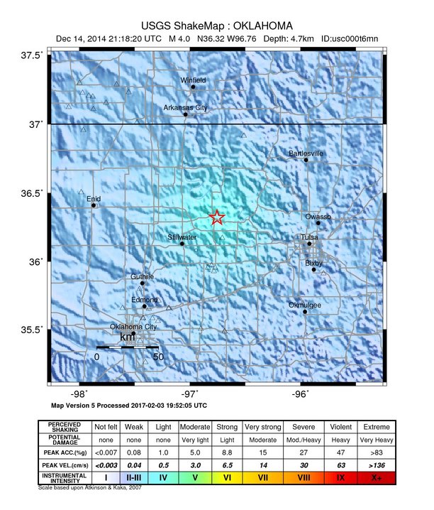 USGS ShakeMap: estimated shaking intensity around the epicenter