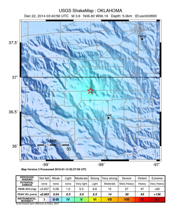 USGS ShakeMap: estimated shaking intensity around the epicenter
