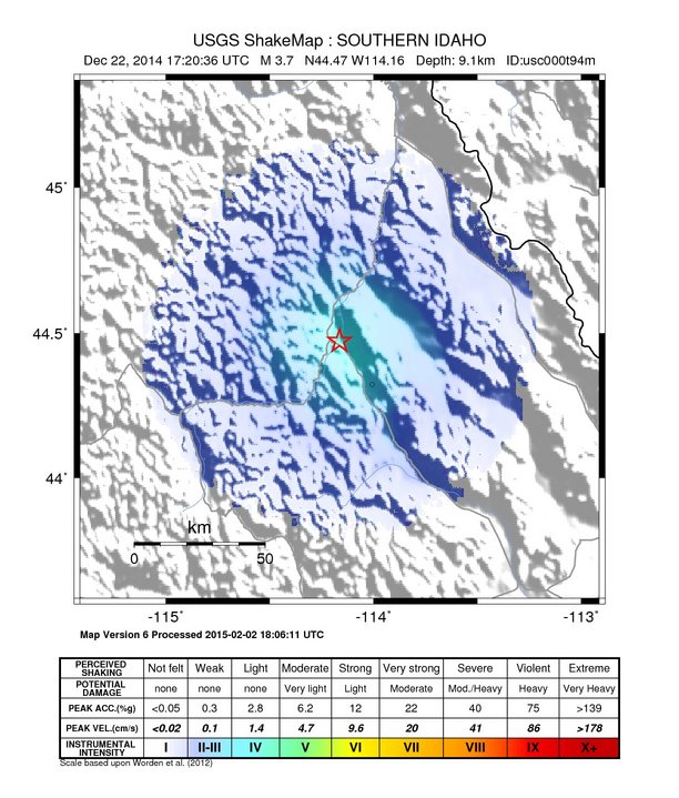 USGS ShakeMap: estimated shaking intensity around the epicenter