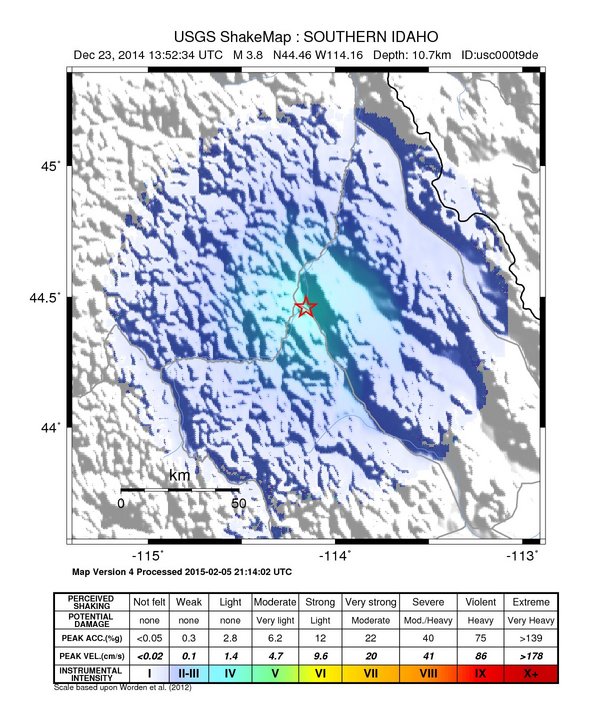 USGS ShakeMap: estimated shaking intensity around the epicenter