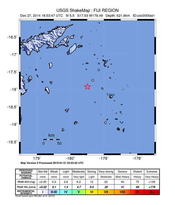 USGS ShakeMap: estimated shaking intensity around the epicenter