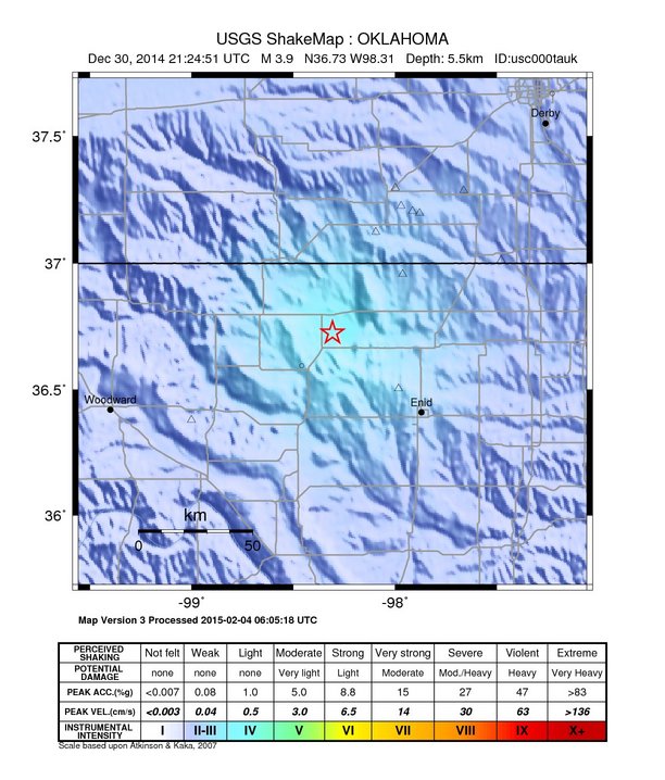 USGS ShakeMap: estimated shaking intensity around the epicenter